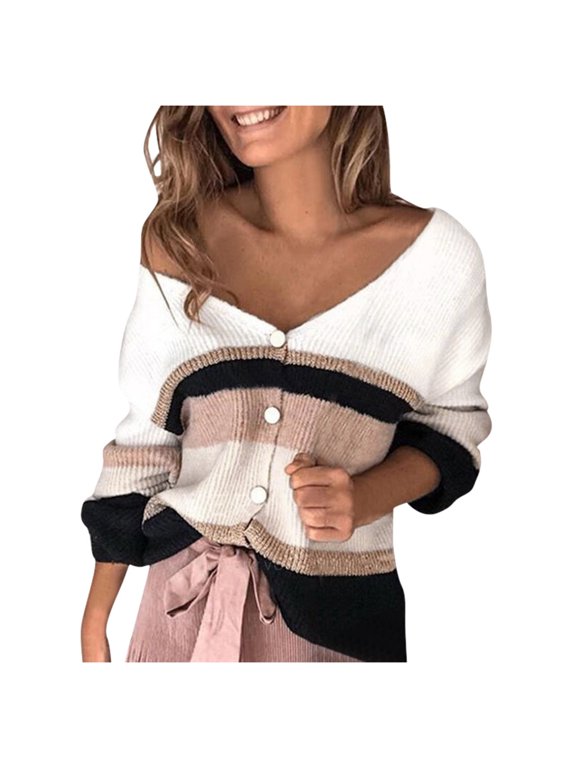 Womens Casual Knit Sweater Long Sleeve Button Down V-Neck Cardigan Color Striped Patchwork Jumper Tops Teen Grils Fashion Clothes Khaki XL