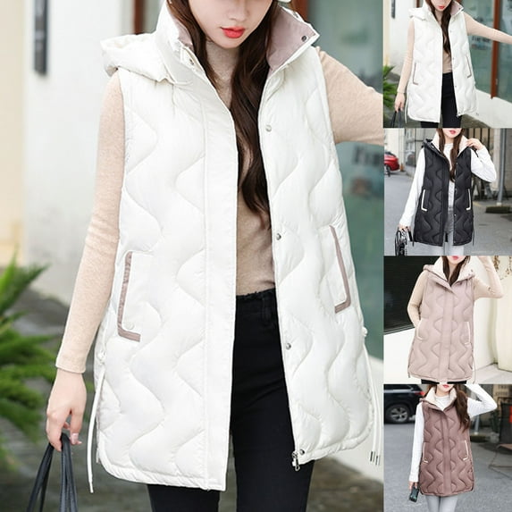 HAPIMO Womens Puffer Vest Sleeveless Zip Up Quilted Coat Stand Collar Gilet Jacket with Pockets Cotton Hoodie Black L