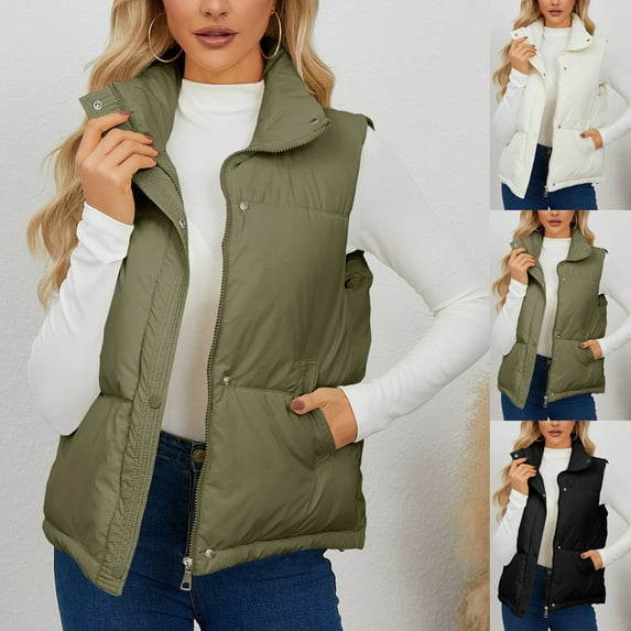 HAPIMO Womens Puffer Vest Sleeveless Zip Up Quilted Coat Stand Collar Gilet Jacket with Pockets Green L