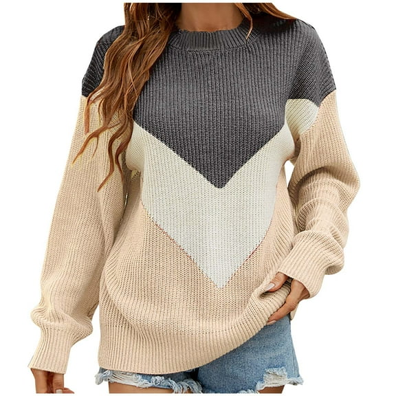 HAPIMO Womens Sweaters Fall Fashion Lantern Sleeve Round Neck Knitwear Colorblocked Casual Jumper Pullover Sweaters for Women Gray M