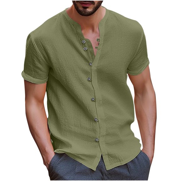 HAPIMO Cotton Lined Loose Shirts for Men Tees Short Sleeve Solid Color Teens Tops Stand Collar Button Activewear Casual Workout Hawaiian Beach Summer Army Green S