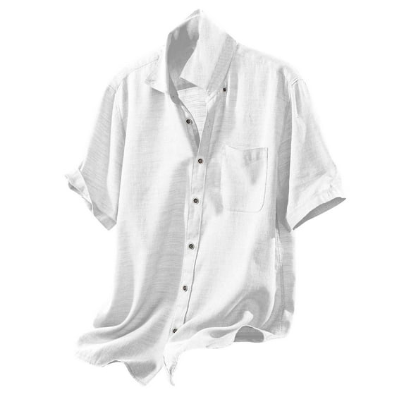 HAPIMO Cotton Lined Loose Shirts with Pocket for Men Summer Fashion Tees Clearance Solid Color Teens Tops Short Sleeve Turndown Collar Button Activewear Casual Workout White L