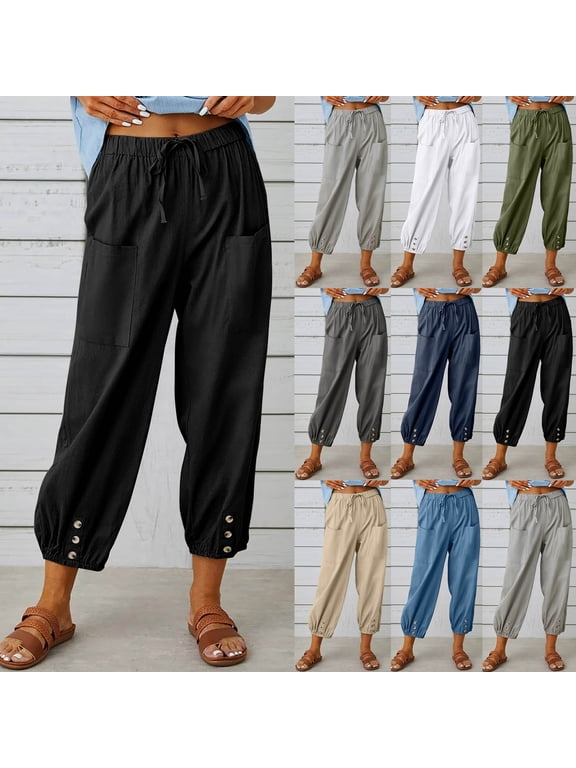 Cotton Linen Capri Cuff Pants for Women Summer Relaxed Solid High Elastic Waist Trousers Drawstring Casual Comfy Fashion Black S