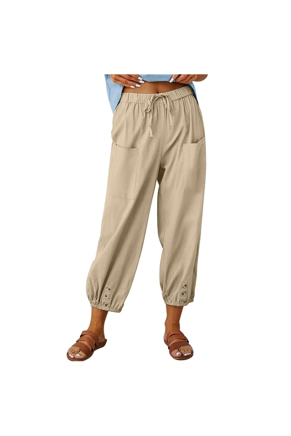 Cotton Linen Capri Cuff Pants for Women Summer Relaxed Solid High Elastic Waist Trousers Drawstring Casual Comfy Fashion Khaki L