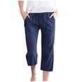 thumbnail image 1 of HAPIMO Cotton Linen Capri Cuff Pants for Women Clearance Summer Solid Relaxed Trousers Fashion Sale High Elastic Waist Casual Comfy Blue M, 1 of 6