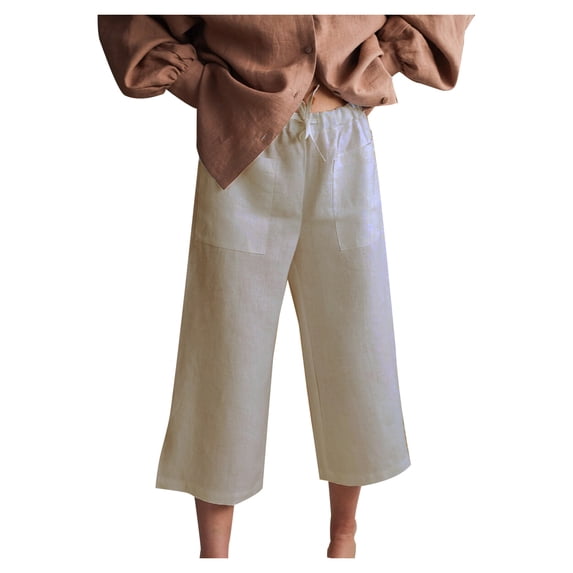 HAPIMO Cotton Linen Capri Cuff Pants for Women Summer Solid Relaxed Trousers Fashion High Elastic Waist Casual Comfy Yellow XXL