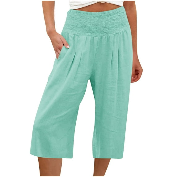 HAPIMO Cotton Linen Capri Cuff Pants for Women Summer Solid High Elastic Waist Relaxed Trousers Casual Comfy Fashion Green XL