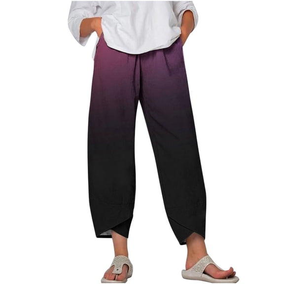HAPIMO Cotton Linen Capri Cuff Pants for Women Gradient Floral High Rise Trousers Tube Petal Leisure Loose Trendy Clothes Retro Purple L
