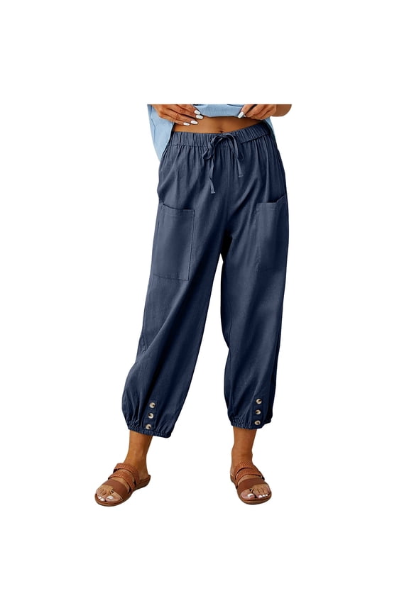 Cotton Linen Capri Cuff Pants for Women Summer Relaxed Solid High Elastic Waist Trousers Drawstring Casual Comfy Fashion Navy XXL