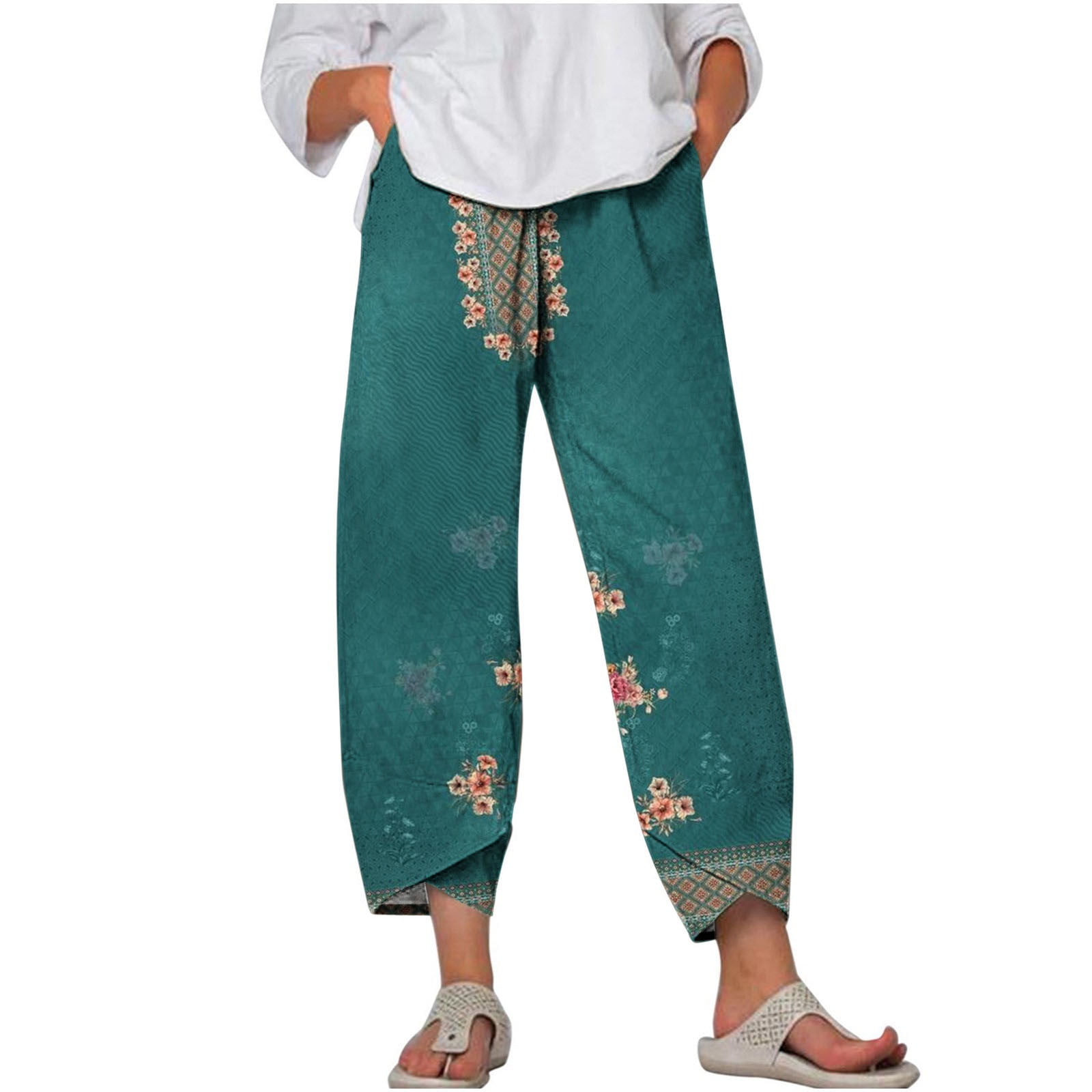 HAPIMO Cotton Linen Capri Cuff Pants for Women Trousers Trendy Clothes ...