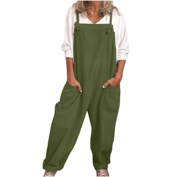 HAPIMO Cotton Linen Jumpsuit Overalls for Women Summer Casual Comfy Fashion Relaxed Solid Trousers Baggy Pocket Sleeveless Green S