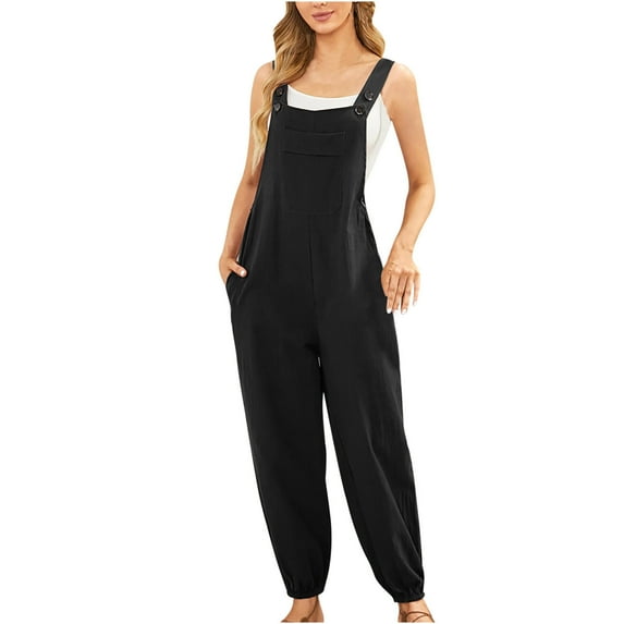 HAPIMO Cotton Linen Jumpsuit with Pocket for Women Summer Relaxed Baggy Pocket Sleeveless Trousers Casual Comfy Solid Fashion Black XXL