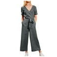 thumbnail image 1 of HAPIMO Cotton Linen Jumpsuit with Pocket for Women Clearance Summer Relaxed Sale Solid Short Sleeve V Neck Trousers Bandage Empire Waist Fashion Dark Gray S, 1 of 6