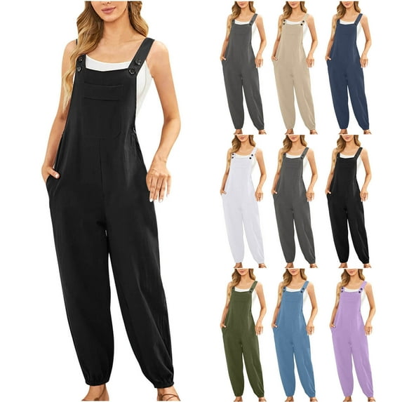 HAPIMO Cotton Linen Jumpsuit with Pocket for Women Summer Relaxed Baggy Pocket Sleeveless Trousers Casual Comfy Solid Fashion Gray S