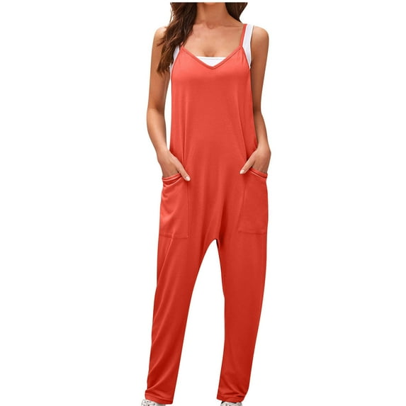 HAPIMO Cotton Linen Jumpsuit with Pocket for Women Summer Relaxed Baggy Pocket Sleeveless Trousers Casual Comfy Solid Fashion Red M