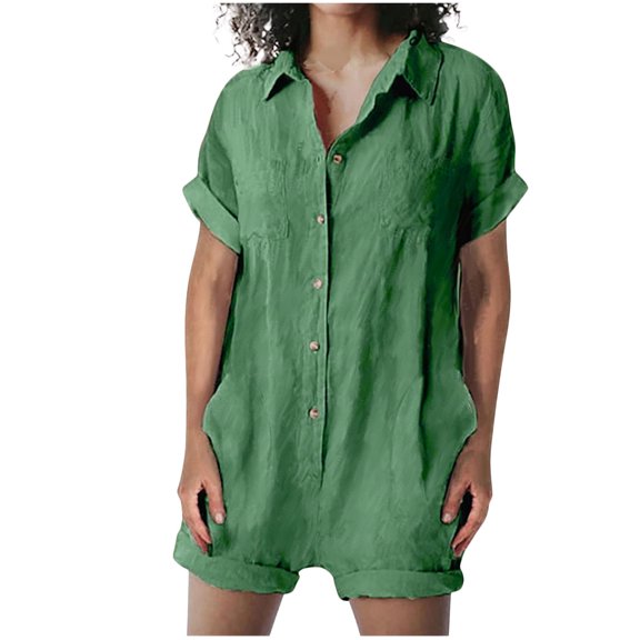 HAPIMO Cotton Linen Shorts Jumpsuit Rompers Overalls for Women Summer Short Sleeve Lapel Relaxed Trousers Fashion Solid Casual Button Workout Green XXL