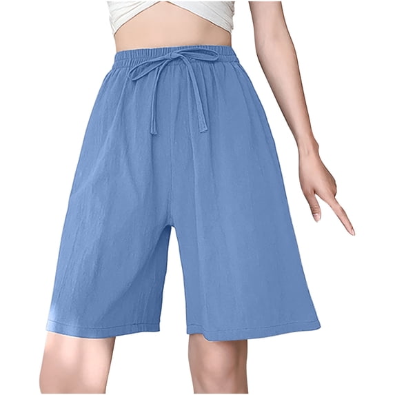 HAPIMO Cotton Linen Shorts with Pocket for Women Clearance Summer High Elastic Waist Sale Relaxed Trousers Drawstring Casual Comfy Fashion Solid Blue M