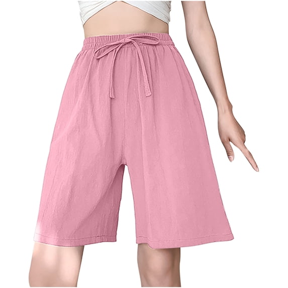 HAPIMO Cotton Linen Shorts with Pocket for Women Clearance Summer High Elastic Waist Sale Relaxed Trousers Drawstring Casual Comfy Fashion Solid Pink M