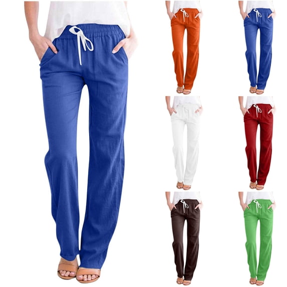 HAPIMO Cotton Linen Straight Cuff Pants for Women Elastic Waist Drawstring Leisure Relaxed Solid Color Retro Trousers Trendy Clothes Blue L