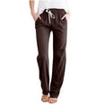 thumbnail image 1 of HAPIMO Cotton Linen Straight Cuff Pants for Women Elastic Waist Drawstring Leisure Relaxed Solid Color Retro Trousers Trendy Clothes Coffee M, 1 of 5