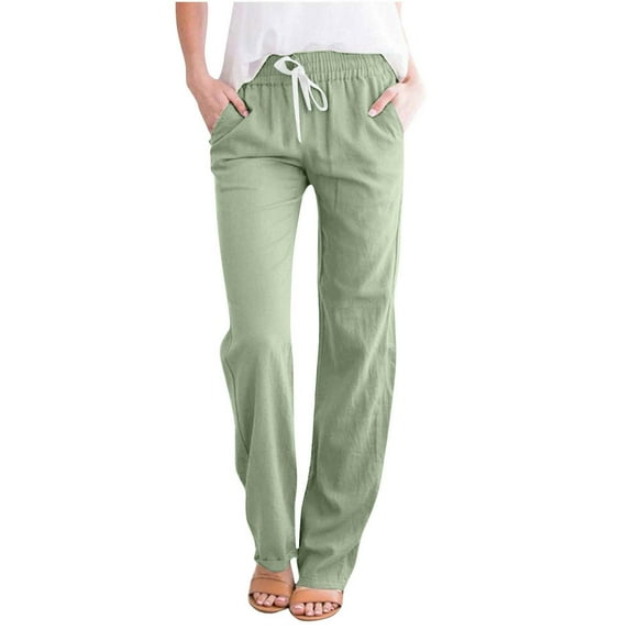 HAPIMO Cotton Linen Straight Cuff Pants for Women Elastic Waist Drawstring Trendy Clothes Solid Color Retro Trousers Leisure Relaxed Green L