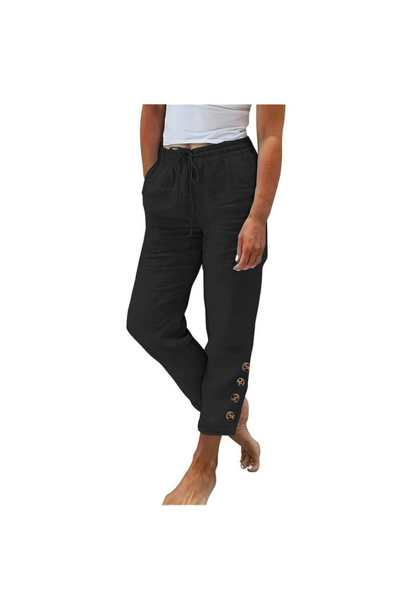 Cotton Linen Straight Cuff Pants for Women Elastic Waist Retro Trousers Leisure Relaxed Workout Trendy Clothes Solid Color Black XL