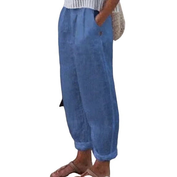 HAPIMO Cotton Linen Straight Cuff Pants for Women Elastic Waist Retro Trousers Leisure Relaxed Workout Trendy Clothes Solid Color Blue XL