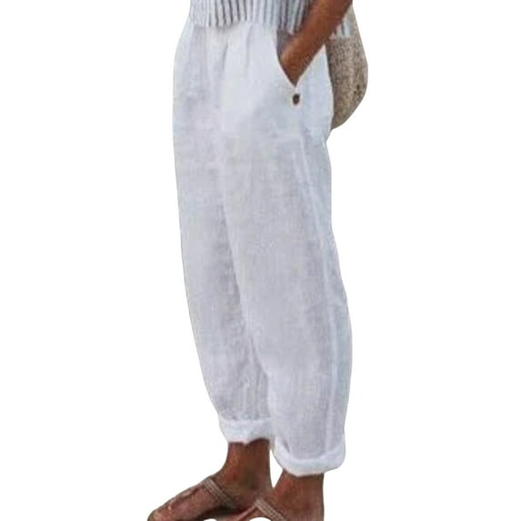 HAPIMO Cotton Linen Straight Cuff Pants for Women Elastic Waist Retro Trousers Leisure Relaxed Workout Trendy Clothes Solid Color White L