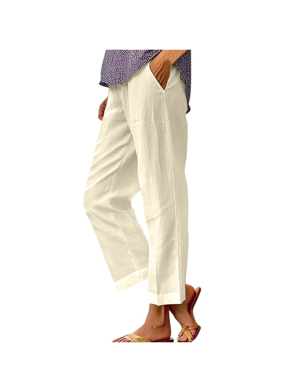 Cotton Linen Straight Cuff Pants for Women Elastic Waist Retro Trousers Leisure Relaxed Workout Trendy Clothes Solid Color