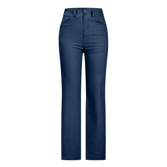 HAPIMO Cotton Linen Straight Pants with Pocket for Women Summer High Waist Fashion Solid Relaxed Trousers Casual Button Workout Navy XL