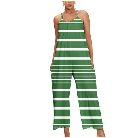 HAPIMO Cotton Linen Stripe Jumpsuit Overalls for Women Summer Fashion Relaxed Solid Baggy Pocket Sleeveless Trousers Casual Comfy Green XL