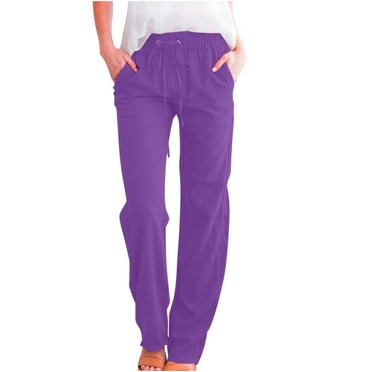 HAPIMO Cotton Linen Sweatpants Jogger Pants with Pocket for Women Clearance Summer Sale Drawstring Casual Comfy Fashion Relaxed Solid Trousers Mid Rise Purple XXL