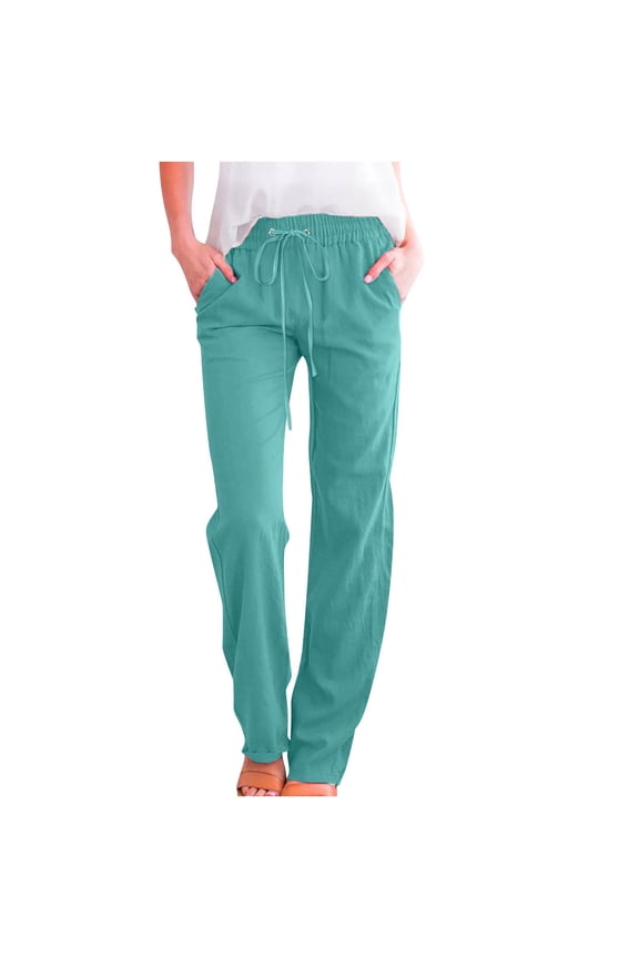Cotton Linen Sweatpants Jogger Pants with Pocket for Women Summer Drawstring Casual Comfy Fashion Relaxed Solid Trousers Mid Rise Sky Blue XL