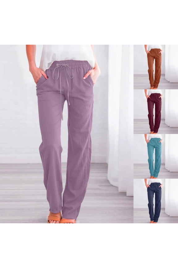 Cotton Linen Sweatpants Jogger Pants with Pocket for Women Summer Drawstring Casual Comfy Fashion Relaxed Solid Trousers Mid Rise Sky Blue S