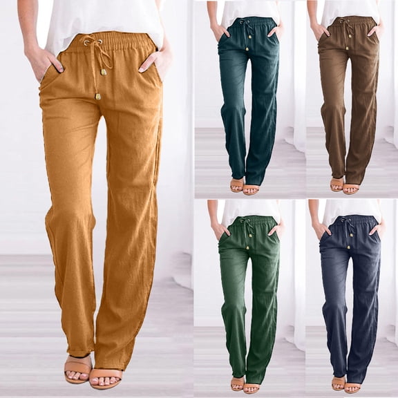 HAPIMO Cotton Linen Sweatpants Jogger Pants for Women Summer High Elastic Waist Trousers Drawstring Casual Comfy Fashion Solid Relaxed Navy S