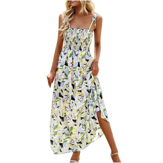 HAPIMO Cotton Linen Tea Length Dress for Women Clearance Floral Print Boho Summer Beach Round Neck Sundress Girls Vacation Elegant Leisure Relaxed Vintage Sleeveless White
