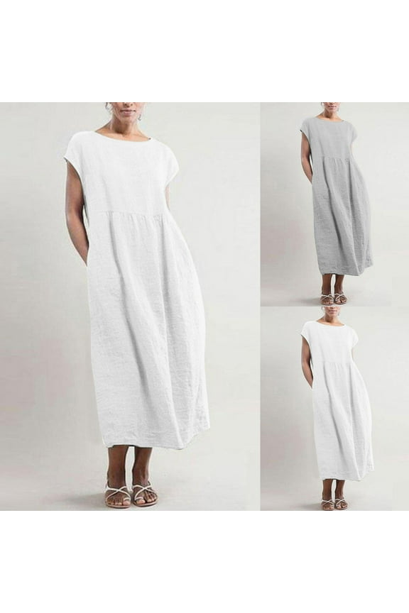Cotton Maxi Dress for Women Solid Retro Boho Clothing Beach Long Sleeve Button Tiered Ruffle Swing Vacation Summer Round Neck Sundress White XXXL