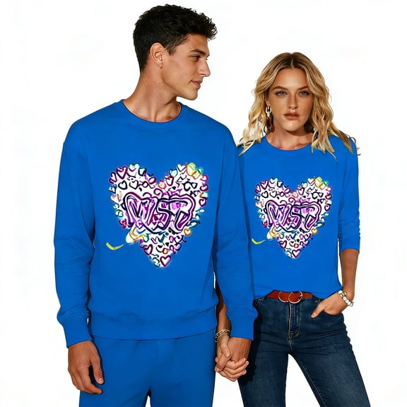HAPIMO Couple Sweatshirt Women Men Valentine Sweatshirts Romantic Heart Graphic Print Shirts Long Sleeve Crewneck Pullover Tops Blue XS