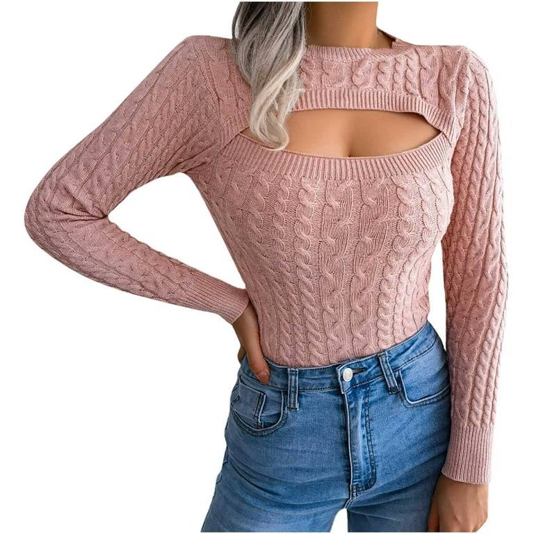 HAPIMO Discount Cutout Tops for Women Fall Fashion Long Sleeve Round Neck  Blouse Casual Solid Chunky Knit Slim Fitting Sweater Teen Girls Clothes  Pink