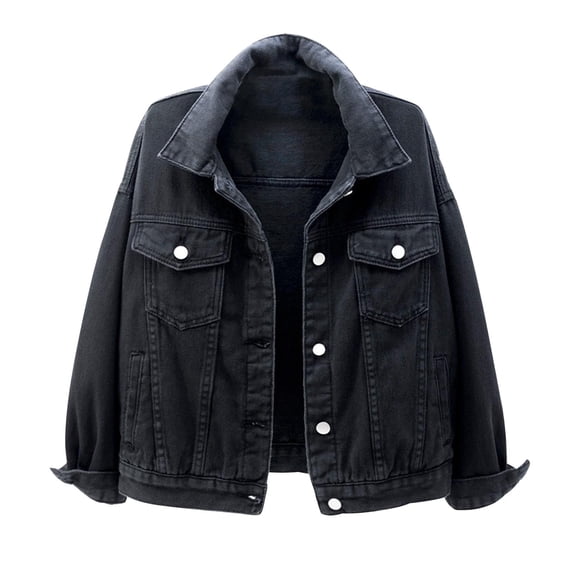 HAPIMO Denim Jacket for Women Girls Fall Fashion Tops Long Sleeve Womens Button Down Pocket Lapel Outwear Casual Comfy Solid Shacket Jacket Black XXXL