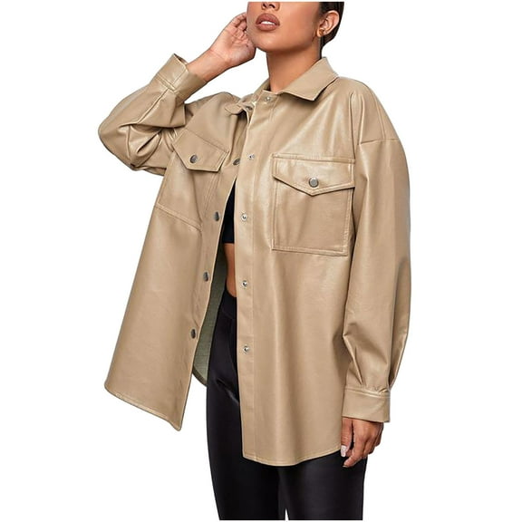 HAPIMO Leather Jacket for Women Casual Comfy Girls Fall Fashion Tops Solid Button Down Jacket Long Sleeve Womens Lapel Bust Pocket Outwear Khaki L