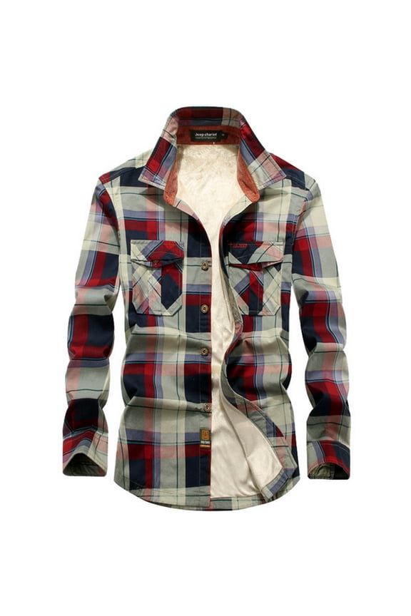 Men's Cotton Plaid Shirts Jacket Fleece Lined Flannel Shirts Sherpa Button Down Drawstring Jackets with Hood for Men Red XXL