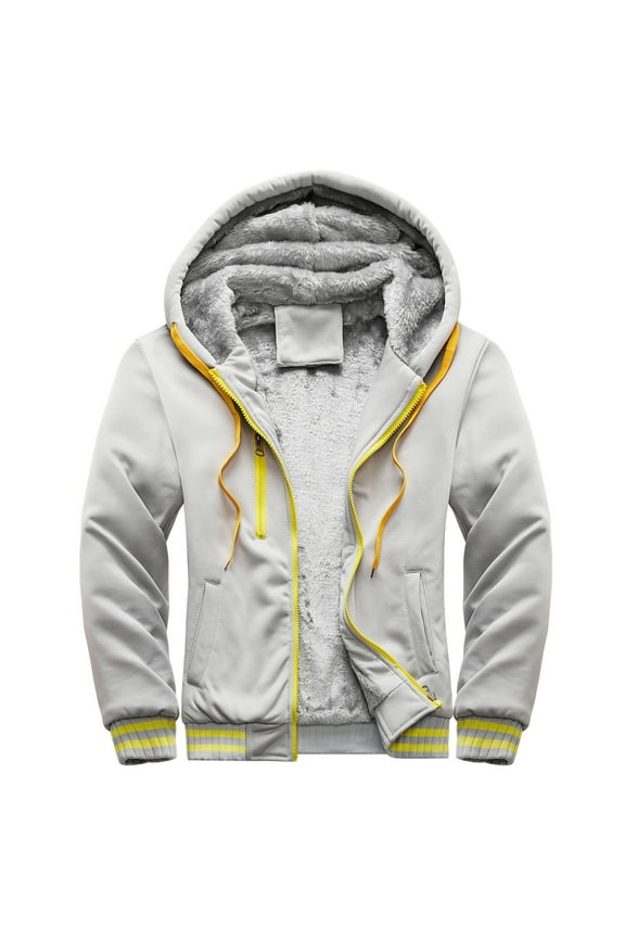 Men's Fashion Puffer Jacket Color Patchwork Zipper Quilted Thickened Multi Pocket Hooded Fall Winter Cotton Jacket with Drawstring Gray