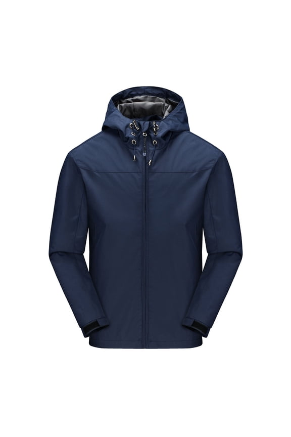 Men's Punching Jacket Long Sleeve Solid Outdoor Detachable Hood Pocket Mountaineering Solid Color Waterproof Jacket Dark Blue M
