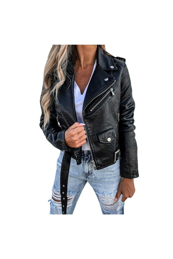 Motorcycle Leather Jacket for Women Solid Lapel Collar Jacket Womens Silm Biker Outwear Long Sleeve Girls Fall Fashion Tops Casual Comfy Black XL