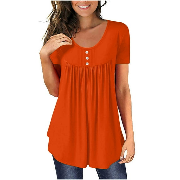 HAPIMO Discount Shirts for Women Casual Pleated Flowy Swing Pullover Tops Gradient Color Teen Grils Fashion Clothes Short Sleeve Button V Neck Shirt Womens Summer Tops Orange M