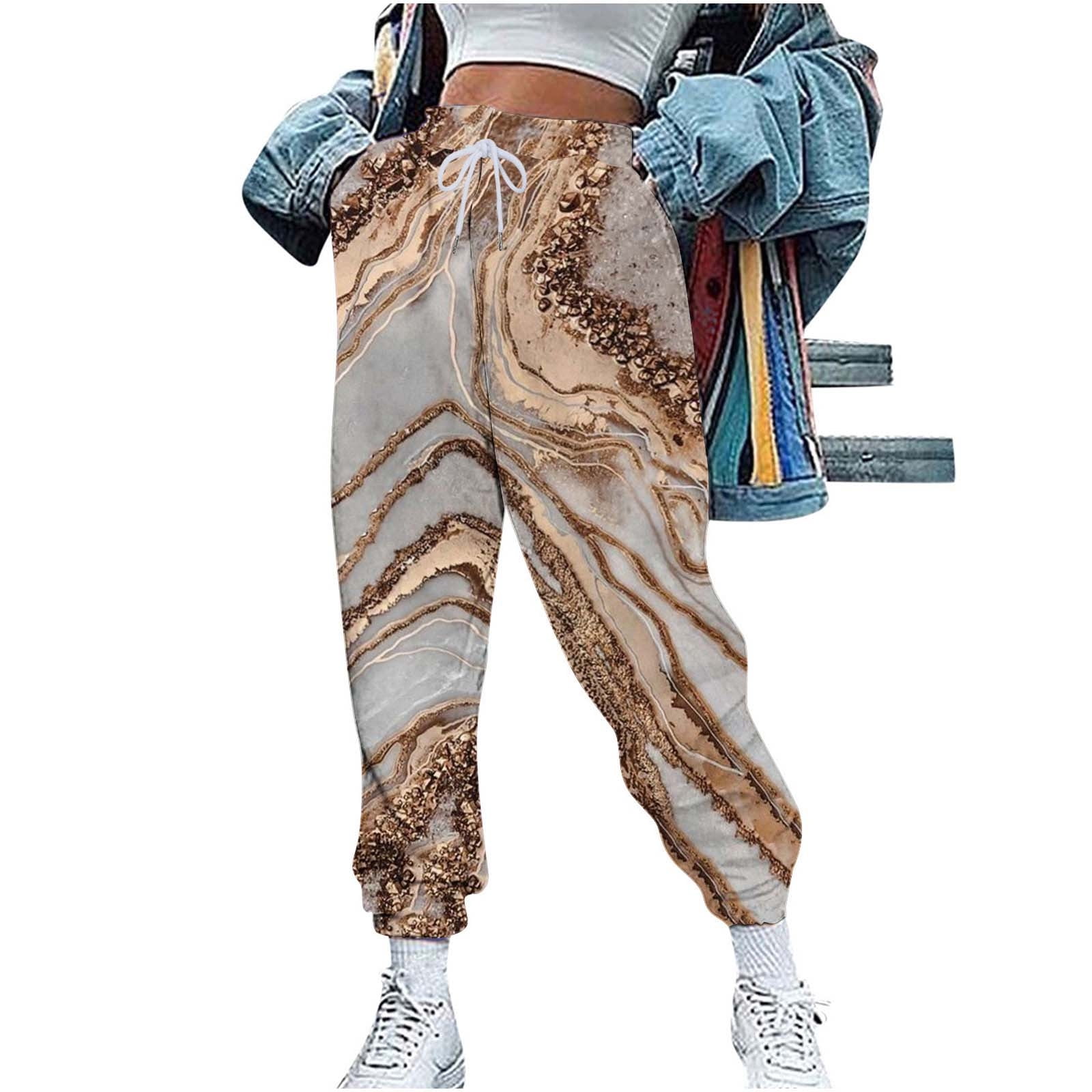 Sweat Pants for Women Trendy Print Autumn Fleece Joggers Sweatpants Comfy  Elastic High Waist Casual Pants with Pockets 