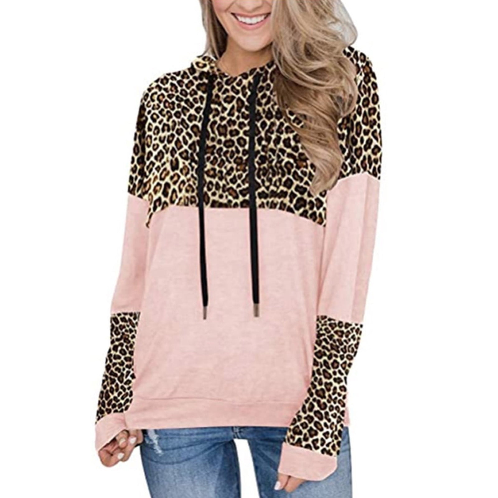 HAPIMO Discount Sweatshirt for Women Long Sleeve Hooded Pullover Tops Leopard Splicing Graphic Print Sweatshirt Color Block Casual Pocket Drawstring