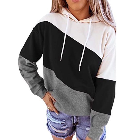 HAPIMO Sweatshirt for Women Pocket Drawstring Pullover Tops Striped Color Patchwork Long Sleeve Relaxed Fit Womens Hoodie Sweatshirt Teen Girls Clothes Black XL