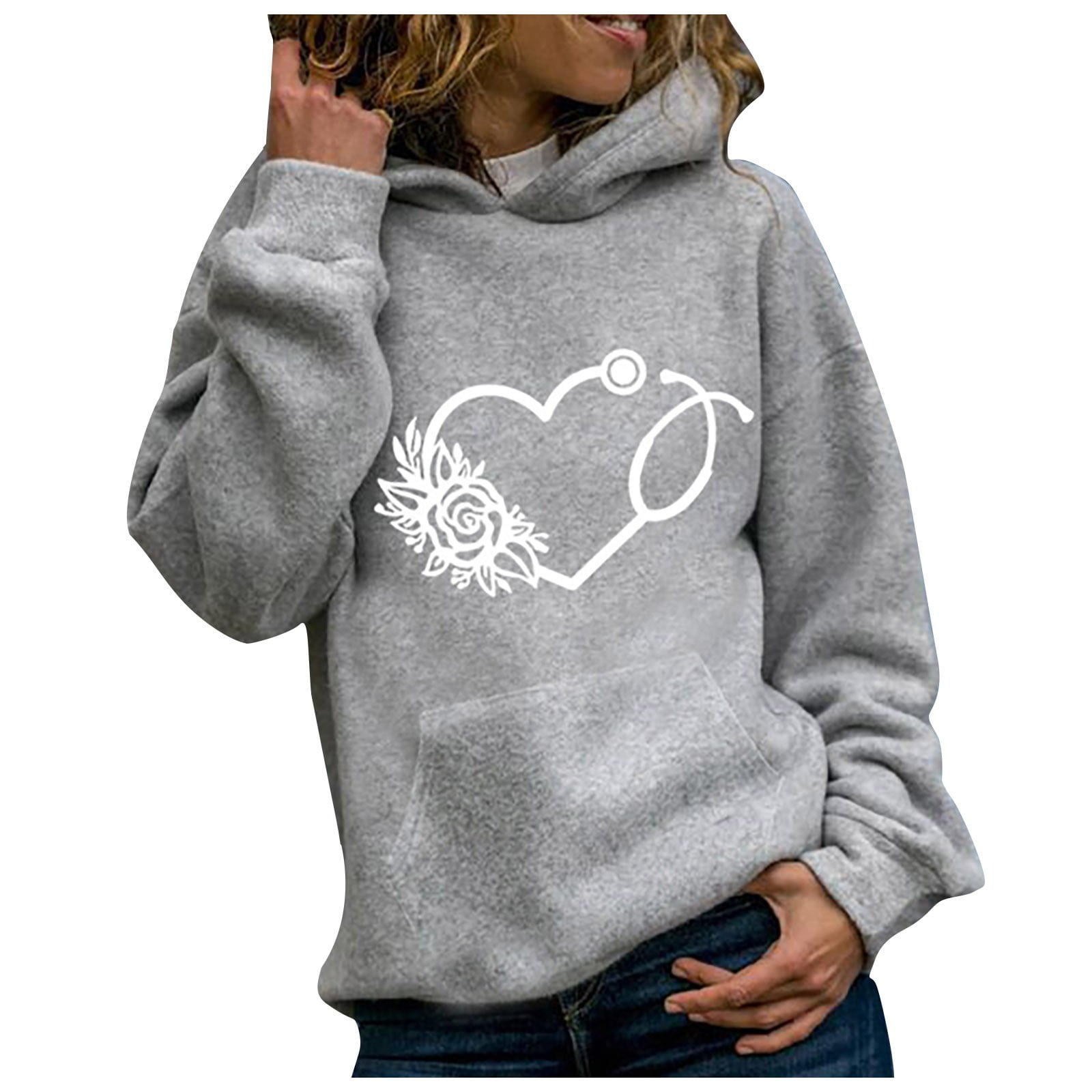 HAPIMO Discount Sweatshirt for Women Pocket Pullover Tops Flower Heart  Graphic Print Long Sleeve Relaxed Fit Womens Hoodie Sweatshirt Teen Girls  Clothes Gray M 